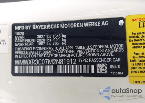 2021 Mini Hardtop Cooper z USA, uszkodzony, nr VIN WMWXR3C07M2N81912